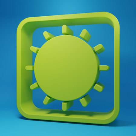 Green Sun icon isolated on blue background. Minimalism concept. 3D render illustration.の写真素材
