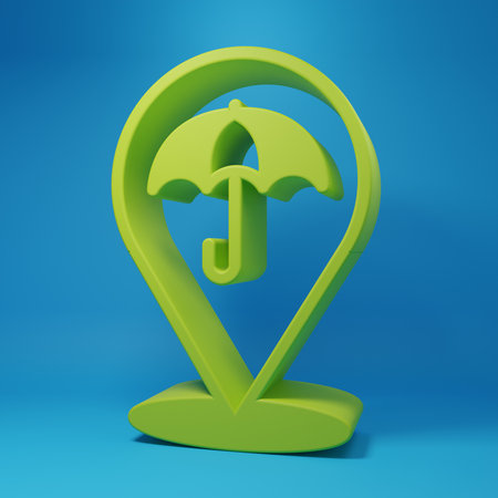 Green Umbrella icon isolated on blue background. Insurance concept. Waterproof icon. Protection, safety, security concept. Minimalism concept. 3D render illustration.の写真素材