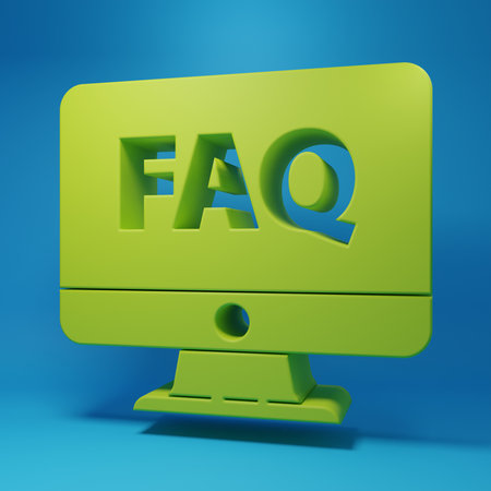 Green Computer monitor and FAQ icon isolated on blue background. Adjusting, service, setting, maintenance, repair, fixing. Minimalism concept. 3D render illustration.の写真素材
