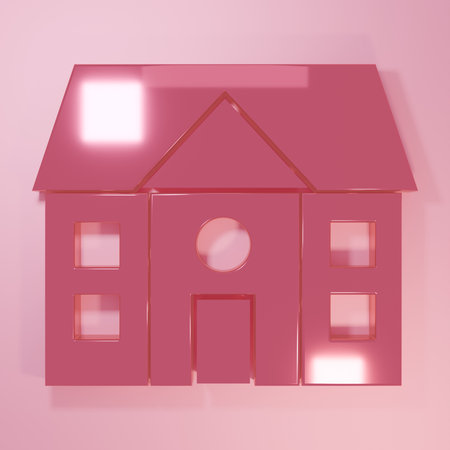 Pink House icon isolated on pink background. Home symbol. Minimalism concept. 3D render illustration.の写真素材