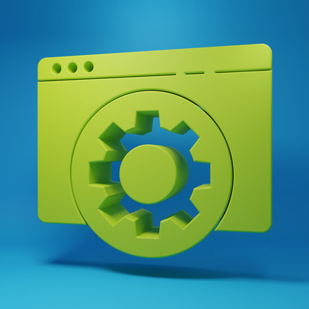Green Browser setting icon isolated on blue background. Adjusting, service, maintenance, repair, fixing. Minimalism concept. 3D render illustration.の写真素材