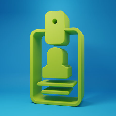Green Identification badge icon isolated on blue background. It can be used for presentation, identity of the company, advertising. Minimalism concept. 3D render illustration.の写真素材