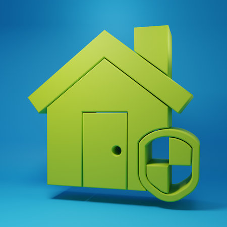 Green House under protection icon isolated on blue background. Home and shield. Protection, safety, security, protect, defense concept. Minimalism concept. 3D render illustration.の写真素材