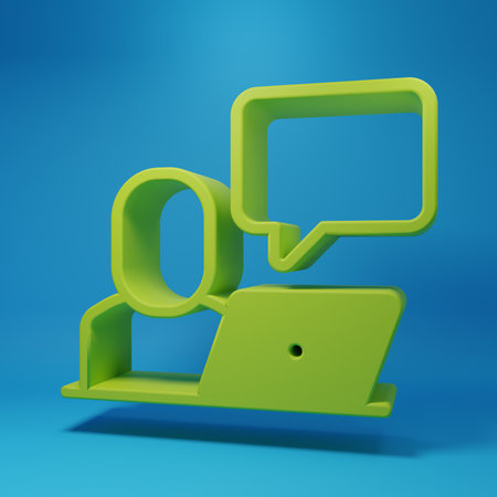 Green Freelancer icon isolated on blue background. Freelancer working on laptop at his house. Online...