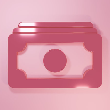 Pink Stacks paper money cash icon isolated on pink background. Money banknotes stacks. Bill currency. Minimalism concept. 3D render illustration.の写真素材