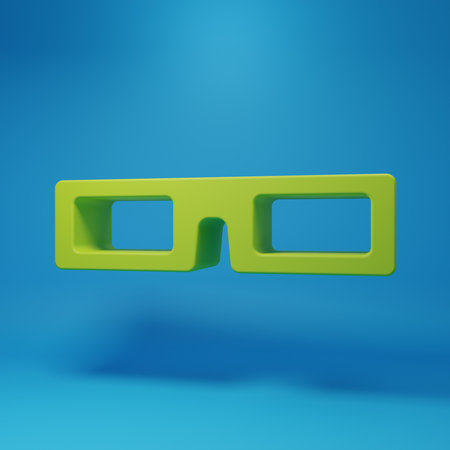 Green Cinema glasses icon isolated on blue background. Minimalism concept. 3D render illustration.の写真素材