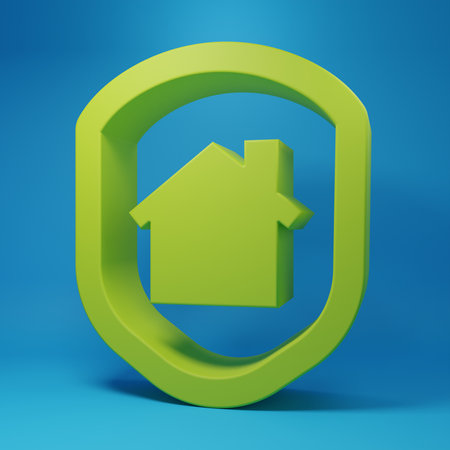 Green House under protection icon isolated on blue background. Home and shield. Protection, safety, security, protect, defense concept. Minimalism concept. 3D render illustration.の写真素材