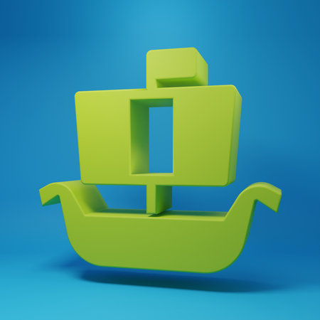 Green Ancient viking scandinavian drakkar icon isolated on blue background. Viking transport ship. Minimalism concept. 3D render illustration.の写真素材