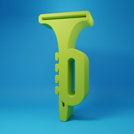 Green Trumpet icon isolated on blue background. Musical instrument. Minimalism concept. 3D render illustration.の写真素材