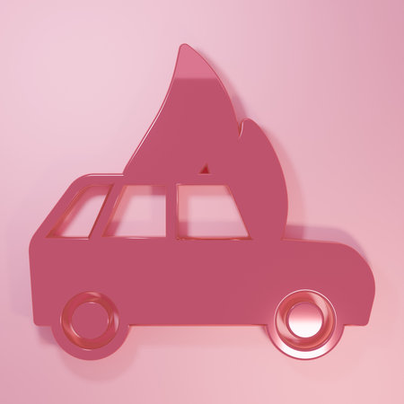 Pink Burning car icon isolated on pink background. Car on fire. Broken auto covered with fire and smoke. Minimalism concept. 3D render illustration.の写真素材