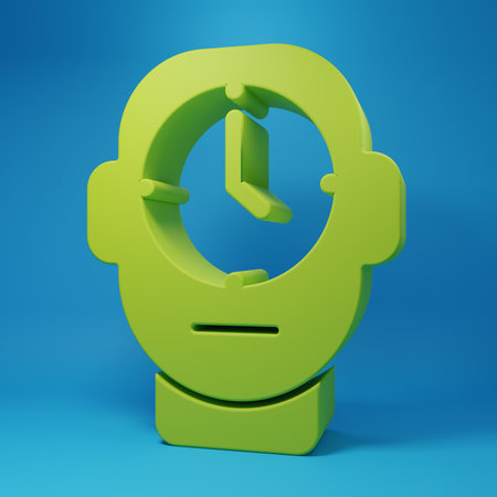 Green Clock icon isolated on blue background. Time symbol. Minimalism concept. 3D render illustration.の写真素材