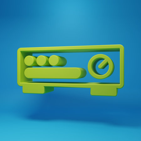 Green Sound mixer controller icon isolated on blue background. Dj equipment slider buttons. Mixing console. Minimalism concept. 3D render illustration.の写真素材