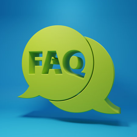 Green Speech bubble with text FAQ information icon isolated on blue background. Circle button with text FAQ. Minimalism concept. 3D render illustration.の写真素材