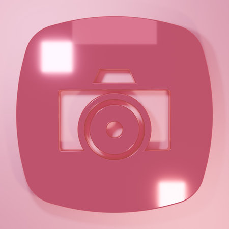 Pink Photo camera icon isolated on pink background. Foto camera. Digital photography. Minimalism concept. 3D render illustration.の写真素材