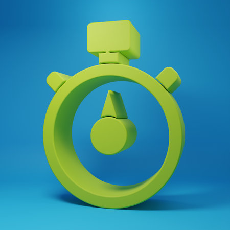 Green Stopwatch icon isolated on blue background. Time timer sign. Chronometer sign Minimalism concept. 3D render illustration.の写真素材
