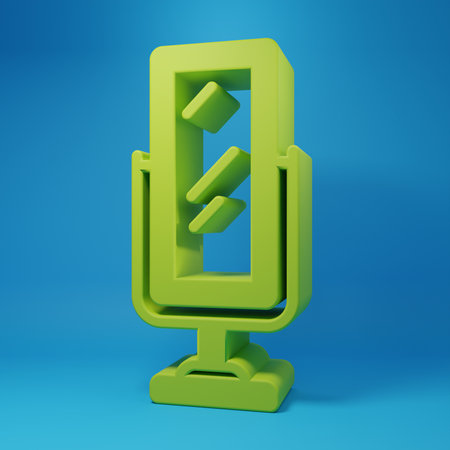 Green full length mirror for bedroom, shops, backstage icon isolated on blue background. Minimalism concept. 3D render illustration.の写真素材