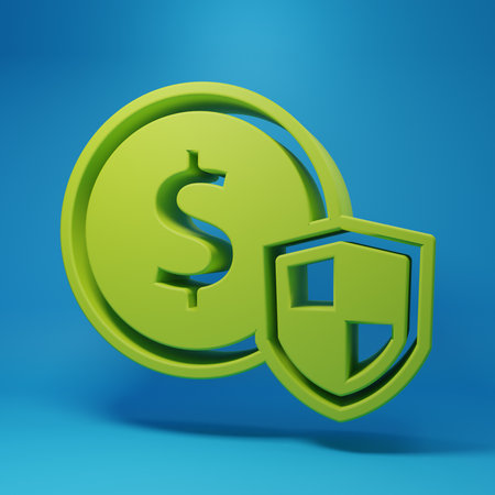 Green Money with shield icon isolated on blue background. Insurance concept. Security, safety, protection, protect concept. Minimalism concept. 3D render illustration.の写真素材