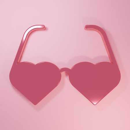 Pink Heart shaped love glasses icon isolated on pink background. Suitable for Valentine day card design. Minimalism concept. 3D render illustration.の写真素材