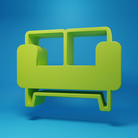 Green Sofa icon isolated on blue background. Minimalism concept. 3D render illustration.の写真素材