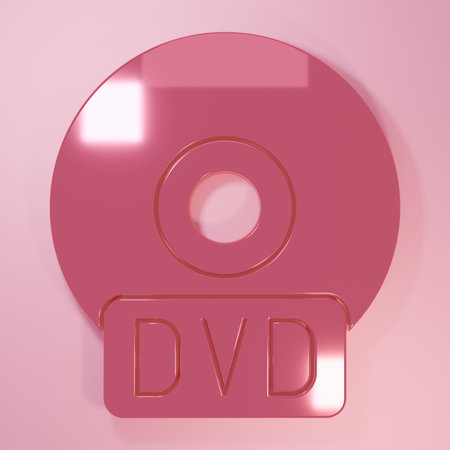 Pink CD or DVD disk icon isolated on pink background. Compact disc sign. Minimalism concept. 3D...
