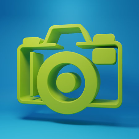 Green Photo camera icon isolated on blue background. Foto camera. Digital photography. Minimalism concept. 3D render illustration.の写真素材