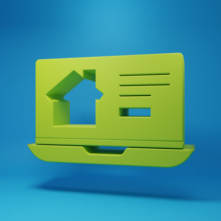 Green Online real estate house on laptop icon isolated on blue background. Home loan concept, rent, buy, buying a property. Minimalism concept. 3D render illustration.の写真素材