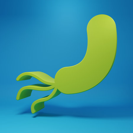 Green Molecule icon isolated on blue background. Structure of molecules in chemistry, science teachers innovative educational poster. Minimalism concept. 3D render illustration.の写真素材