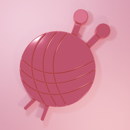 Pink Yarn ball with knitting needles icon isolated on pink background. Label for hand made, knitting or tailor shop. Minimalism concept. 3D render illustration.の写真素材