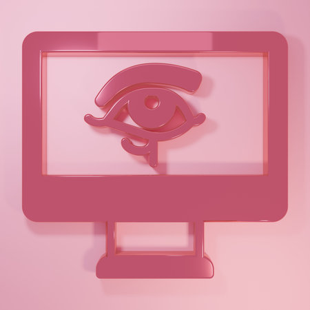 Pink Eye of Horus on monitor icon isolated on pink background. Ancient Egyptian goddess Wedjet symbol of protection, royal power and good health. Minimalism concept. 3D render illustration.の写真素材