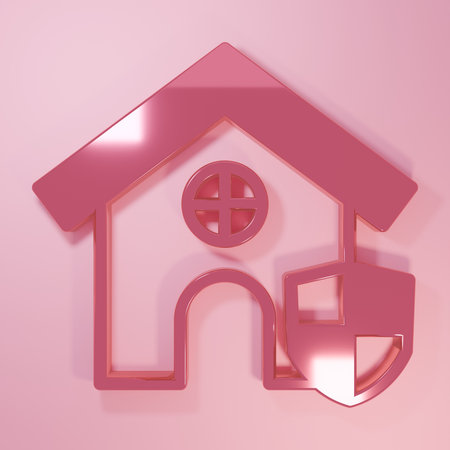 Pink House with shield icon isolated on pink background. Insurance concept. Security, safety, protection, protect concept. Minimalism concept. 3D render illustration.の写真素材
