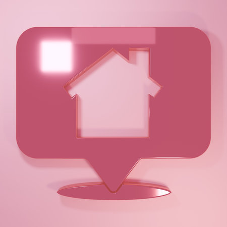 Pink Map pointer with house icon isolated on pink background. Home location marker symbol. Minimalism concept. 3D render illustration.の写真素材