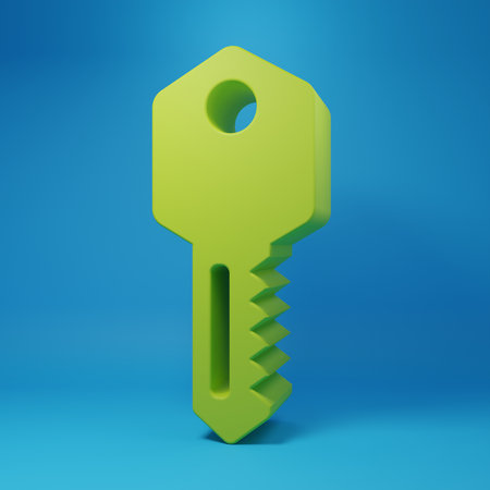 Green House key icon isolated on blue background. Minimalism concept. 3D render illustration.の写真素材