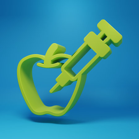 Green Molecule icon isolated on blue background. Structure of molecules in chemistry, science teachers innovative educational poster. Minimalism concept. 3D render illustration.の写真素材