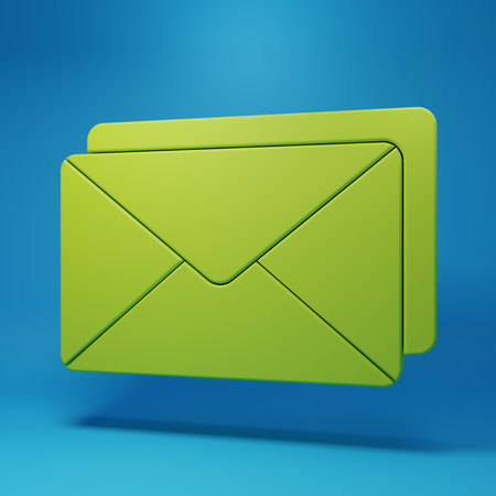 Green Envelope icon isolated on blue background. Email message letter symbol. Minimalism concept. 3D render illustration.の写真素材