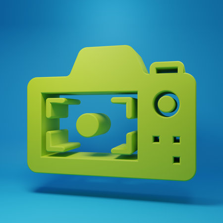 Green Photo camera icon isolated on blue background. Foto camera. Digital photography. Minimalism concept. 3D render illustration.の写真素材