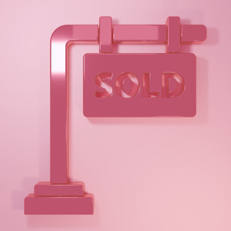 Pink Hanging sign with text Sold icon isolated on pink background. Sold sticker. Sold signboard. Minimalism concept. 3D render illustration.の写真素材