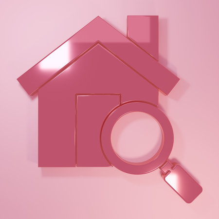 Pink Search house icon isolated on pink background. Real estate symbol of a house under magnifying glass. Minimalism concept. 3D render illustration.の写真素材