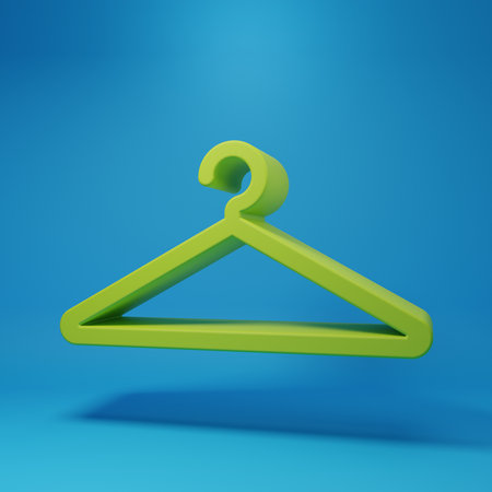 Green Hanger wardrobe icon isolated on blue background. Cloakroom icon. Clothes service symbol. Laundry hanger sign. Minimalism concept. 3D render illustration.の写真素材