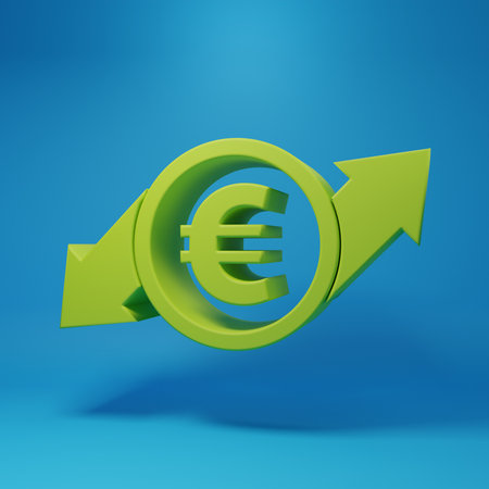Green Financial growth and euro coin icon isolated on blue background. Increasing revenue. Minimalism concept. 3D render illustration.の写真素材