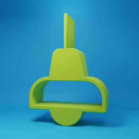 Green Lamp hanging icon isolated on blue background. Ceiling lamp light bulb. Minimalism concept. 3D render illustration.の写真素材