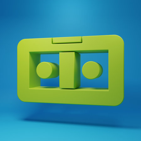 Green VHS video cassette tape icon isolated on blue background. Minimalism concept. 3D render...