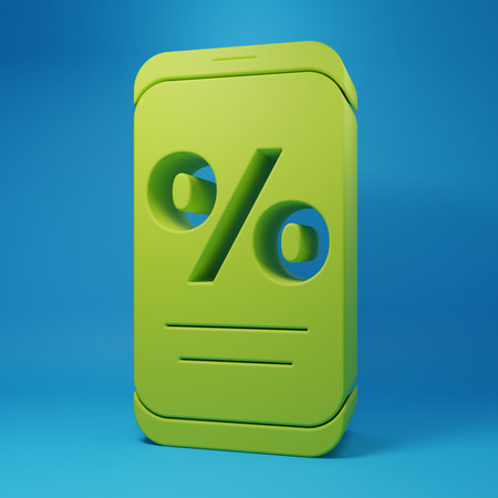 Green Percent discount and mobile phone icon isolated on blue background. Sale percentage - price label, tag. Minimalism concept. 3D render illustration.の写真素材