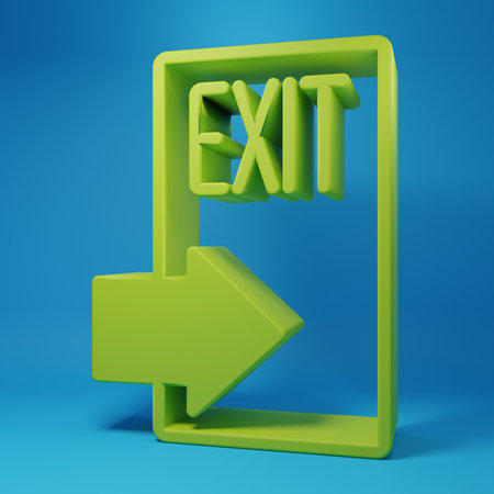 Green Fire exit icon isolated on blue background. Fire emergency icon. Minimalism concept. 3D render illustration.の写真素材