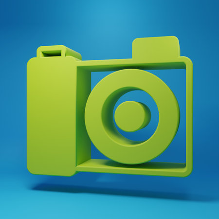 Green Photo camera icon isolated on blue background. Foto camera. Digital photography. Minimalism concept. 3D render illustration.の写真素材