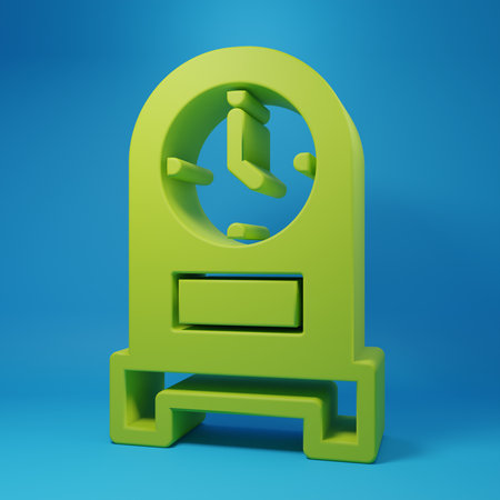 Green Antique clock icon isolated on blue background. Minimalism concept. 3D render illustration.の写真素材