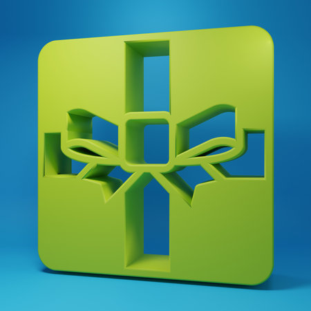 Green Gift box icon isolated on blue background. Valentines day. Minimalism concept. 3D render illustration.の写真素材
