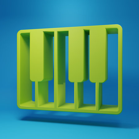 Green Music synthesizer icon isolated on blue background. Electronic piano. Minimalism concept. 3D render illustration.の写真素材