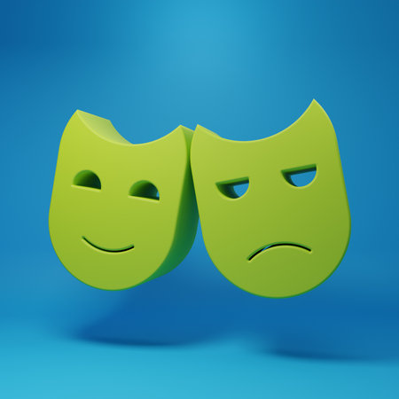 Green Comedy and tragic theatrical masks icon isolated on blue background. Minimalism concept. 3D render illustration.の写真素材