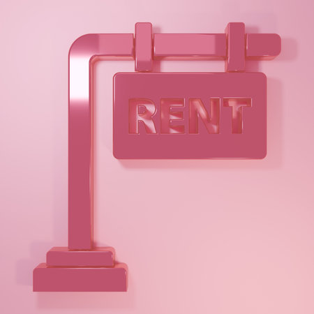 Pink Hanging sign with text Rent icon isolated on pink background. Signboard with text For Rent. Minimalism concept. 3D render illustration.の写真素材