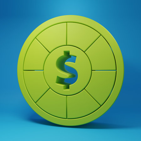 Green Casino chips icon isolated on blue background. Casino gambling. Minimalism concept. 3D render illustration.の写真素材